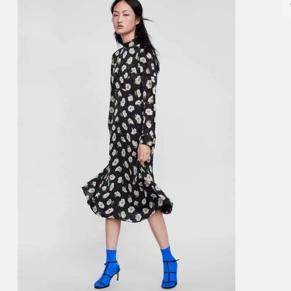 NWT - Zara - Floral Print Midi Dress - Mock Neck Collar - Picture 2 of 12